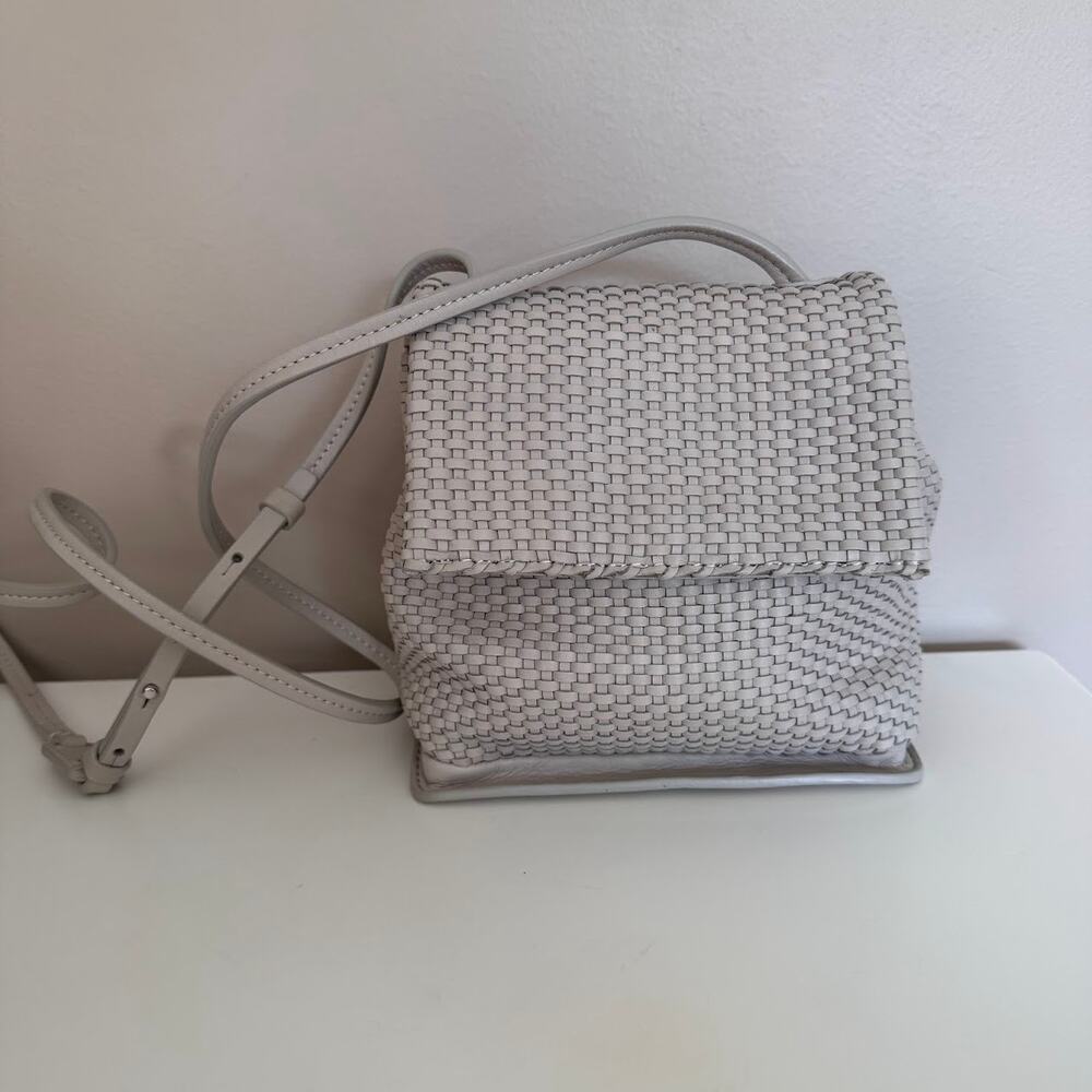 Christopher Kon Woven Leather Flap Adjustable Strap Crossbody Bag Light Gray